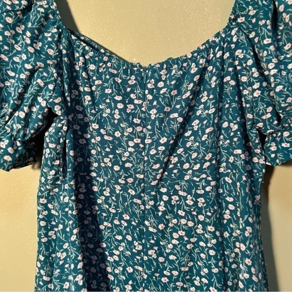 Womens Off Shoulder Mini Dress Green White Ditsy Floral Sweetheart Tie Neck Puff - Picture 12 of 13